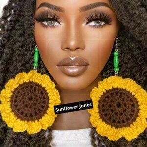 Sunflower Jumbo Large Crochet Statement Earrings by Razonda Lee Brown Ye…